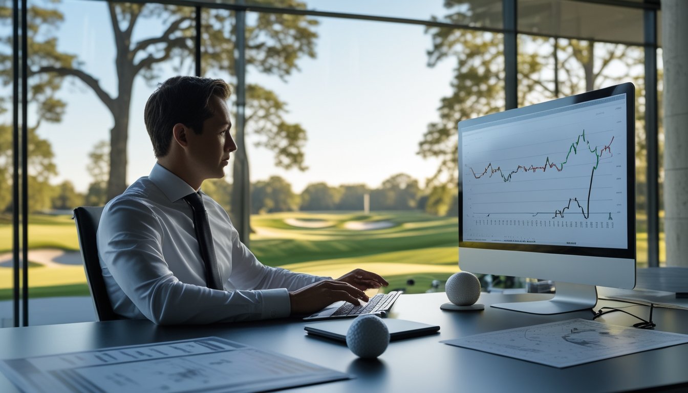 Analis golf mempelajari data performa dan peta lapangan sambil melihat lapangan PGA Tour melalui jendela.