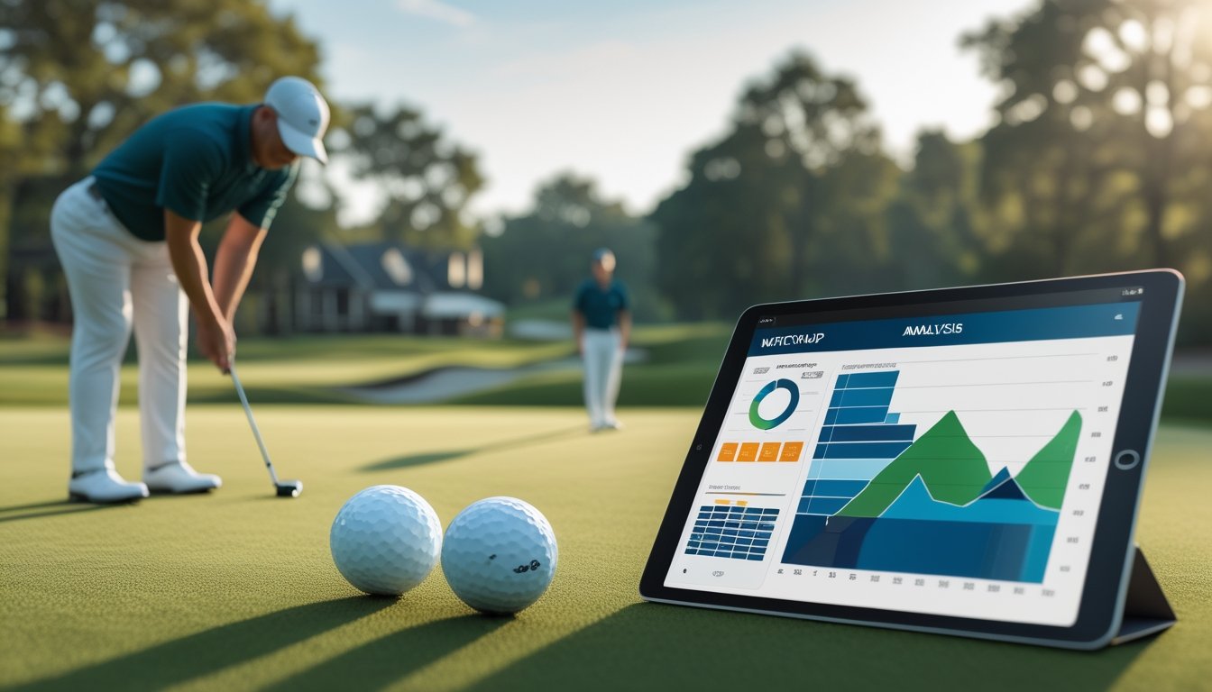 Dua pegolf berada di lapangan golf dengan bola, kartu skor kosong, dan tablet analisis di dekatnya.