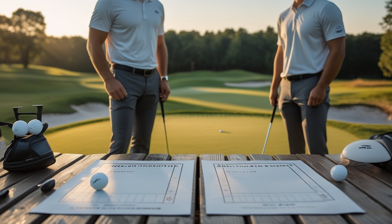 Dua pegolf berdiri berhadapan di lapangan golf dengan perlengkapan dan lembar perbandingan kosong di latar depan.