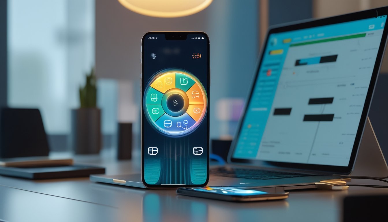 Dua ponsel menampilkan antarmuka pembayaran digital dan analitik di atas meja modern.