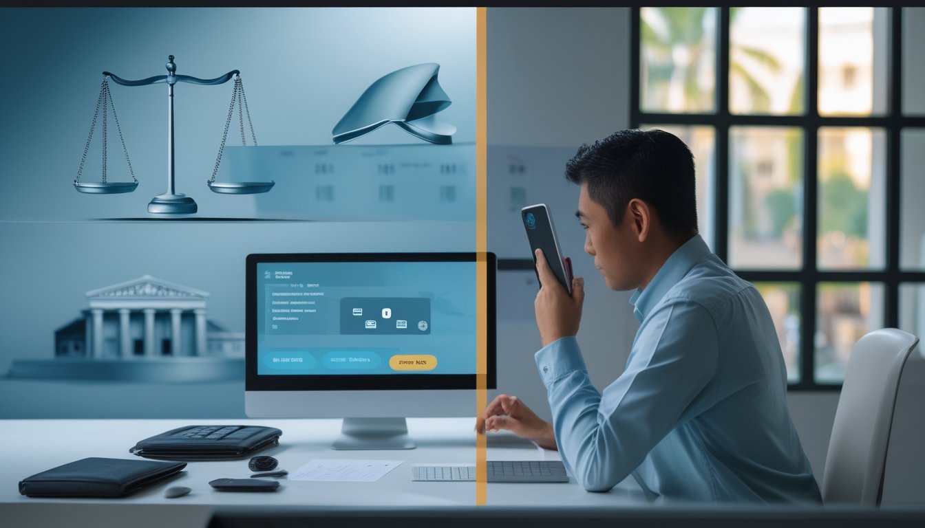 Seseorang tampak cemas memeriksa ponsel di meja dengan dokumen hukum dan perlengkapan keuangan, menggambarkan risiko perjudian online.