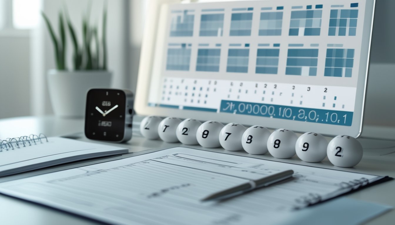 Meja kerja modern dengan kalender abstrak, jam digital, bola bernomor, buku catatan, dan tablet berisi grafik buram.
