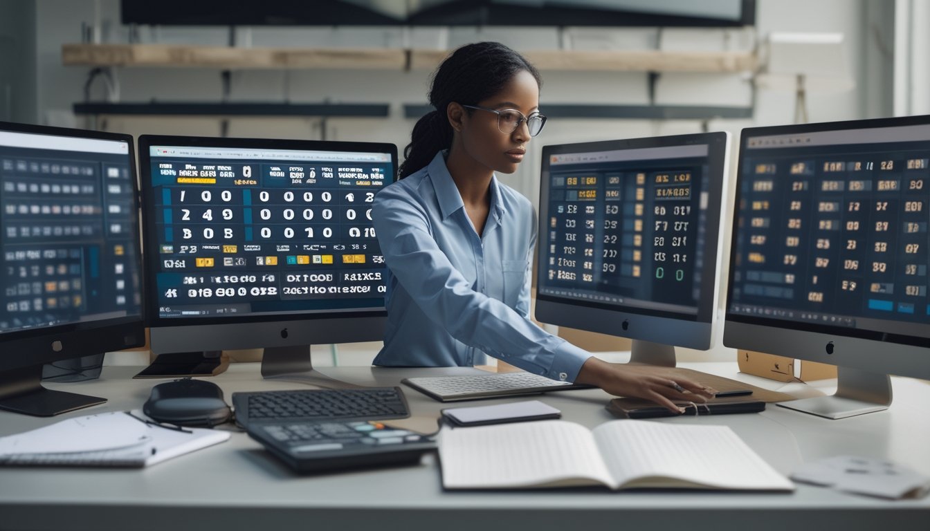 Seorang analis dewasa memeriksa pola angka dan grafik abstrak di beberapa monitor pada meja kerja modern.