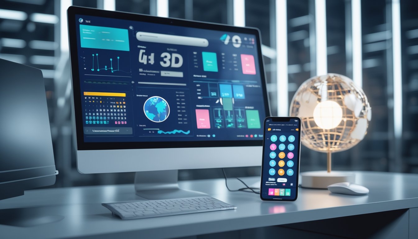 Meja kantor modern dengan komputer dan ponsel yang menampilkan dashboard angka serta grafik abstrak.