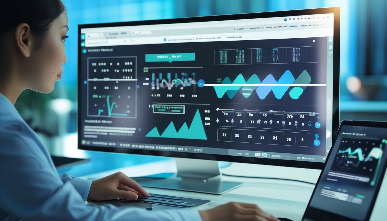 Seorang profesional menganalisis pola data abstrak pada layar komputer di ruang kerja modern.