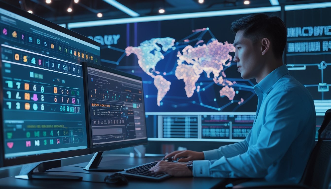 Profesional memantau jaringan server dan analitik angka pada ruang kerja teknologi modern dengan koneksi global.