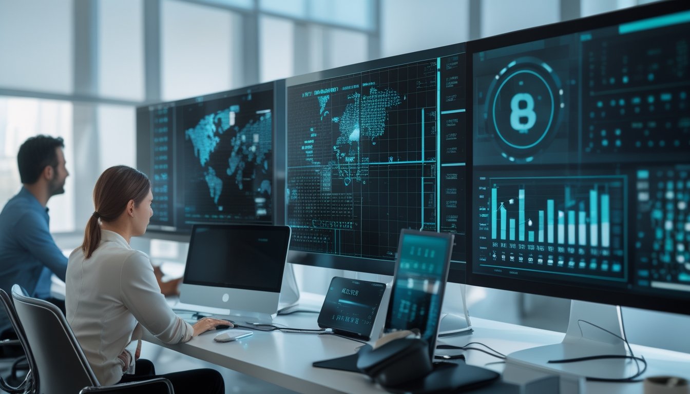 Tim analis profesional memeriksa pola data dan visualisasi angka di kantor modern dengan konektivitas digital global.