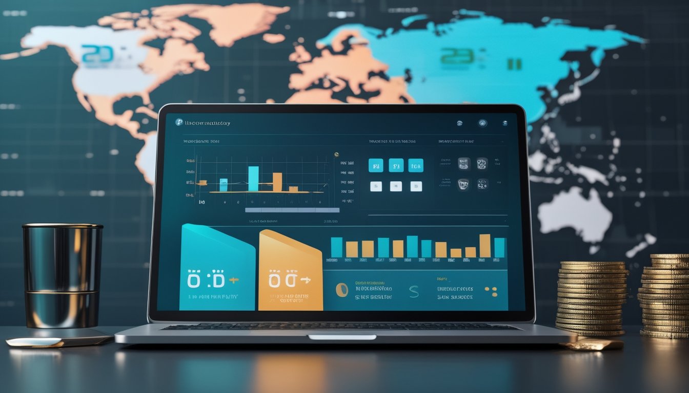 Laptop dan ponsel menampilkan dasbor data digital dengan simbol keamanan dan globe di ruang kerja modern.