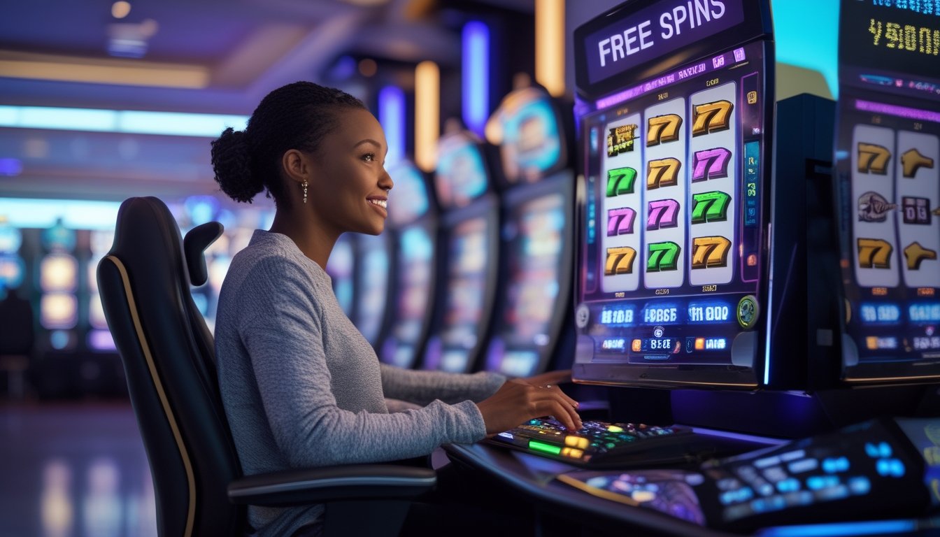 Seorang pemain dewasa menikmati permainan slot digital dengan beberapa jalur pembayaran dan efek putaran gratis.