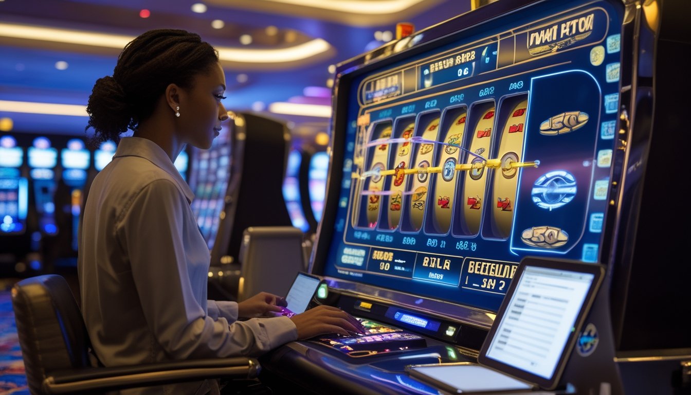 Seorang pemain dewasa mengamati mesin slot dengan beberapa garis pembayaran dan fitur putaran gratis di ruang hiburan modern.