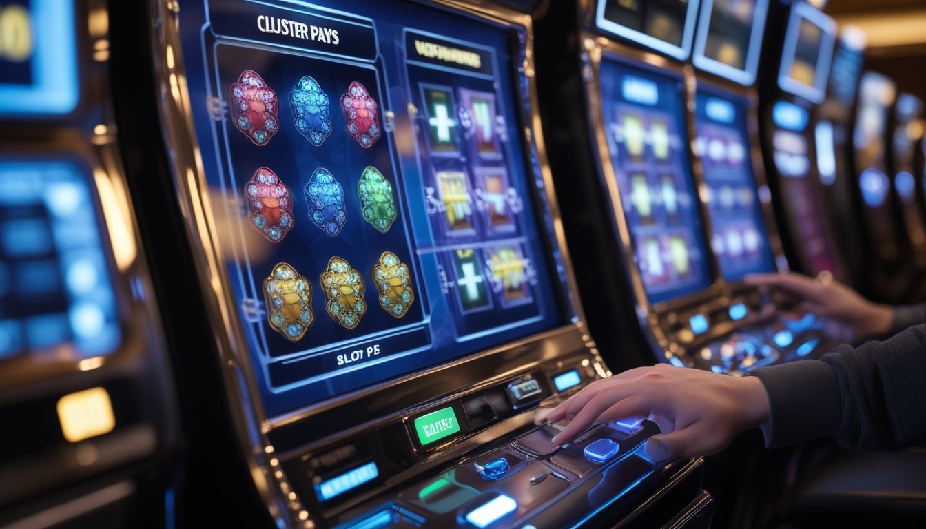 Mesin slot modern menampilkan kelompok simbol yang cocok dan beberapa garis pembayaran bercahaya.