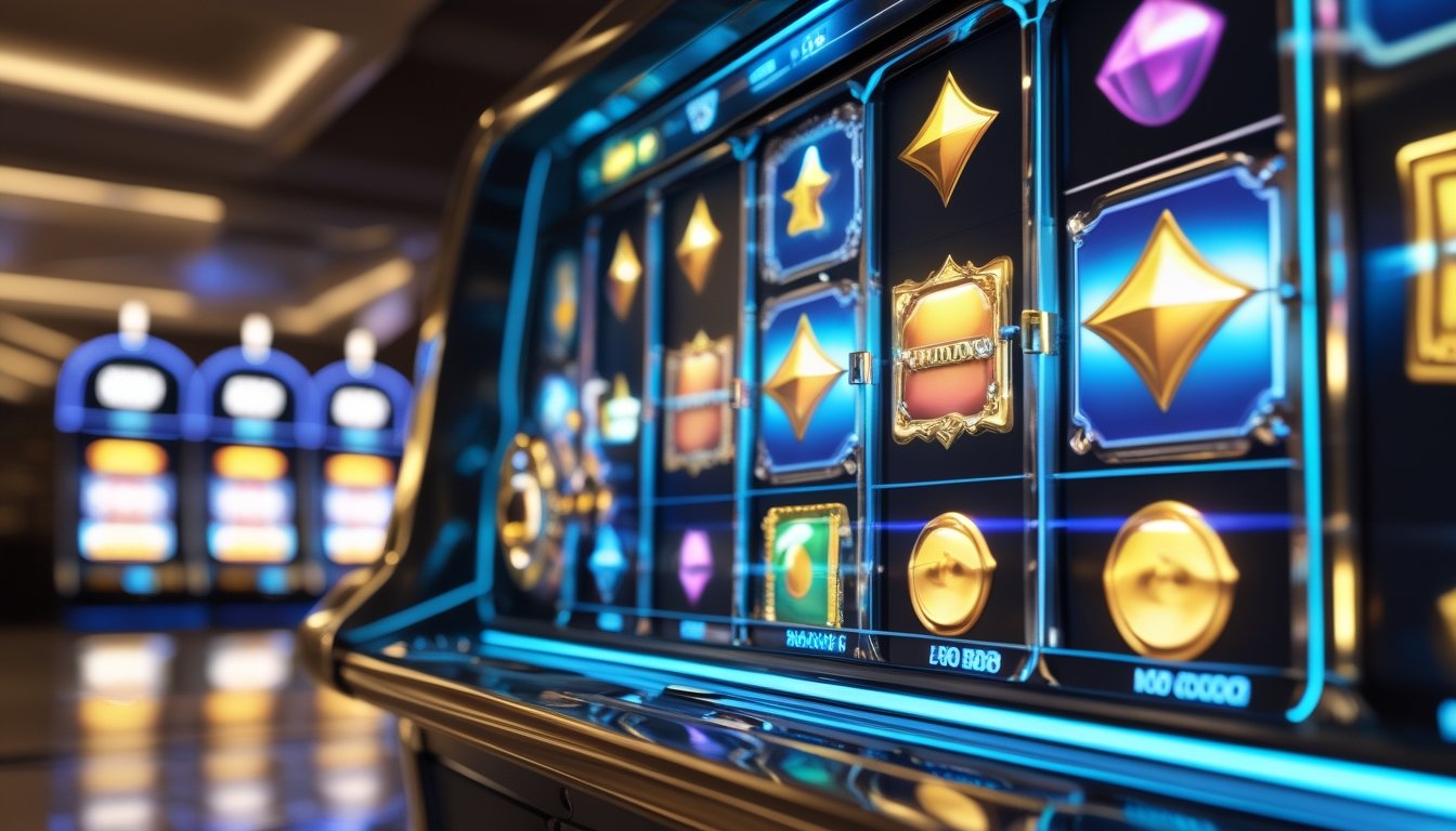 Mesin slot futuristis dengan banyak garis pembayaran, simbol wild berwarna emas, dan efek putaran ulang dalam suasana kasino modern.