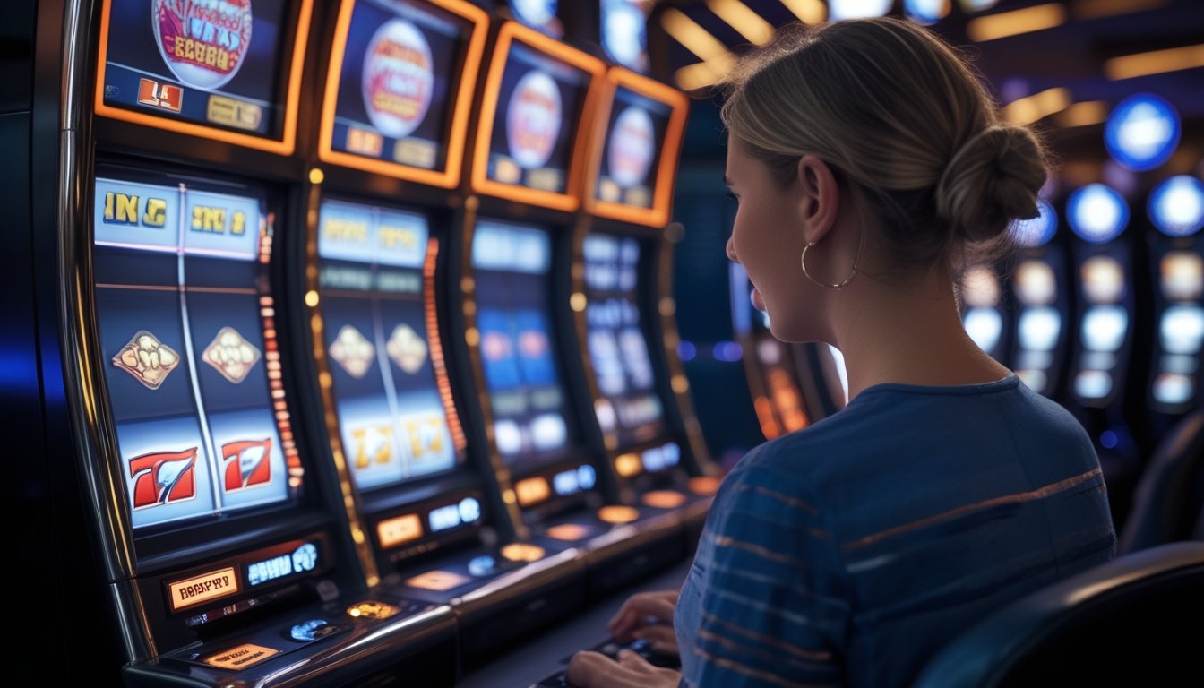 Pemain dewasa menikmati permainan mesin slot modern dengan simbol wild yang terkunci dan efek putaran ulang.