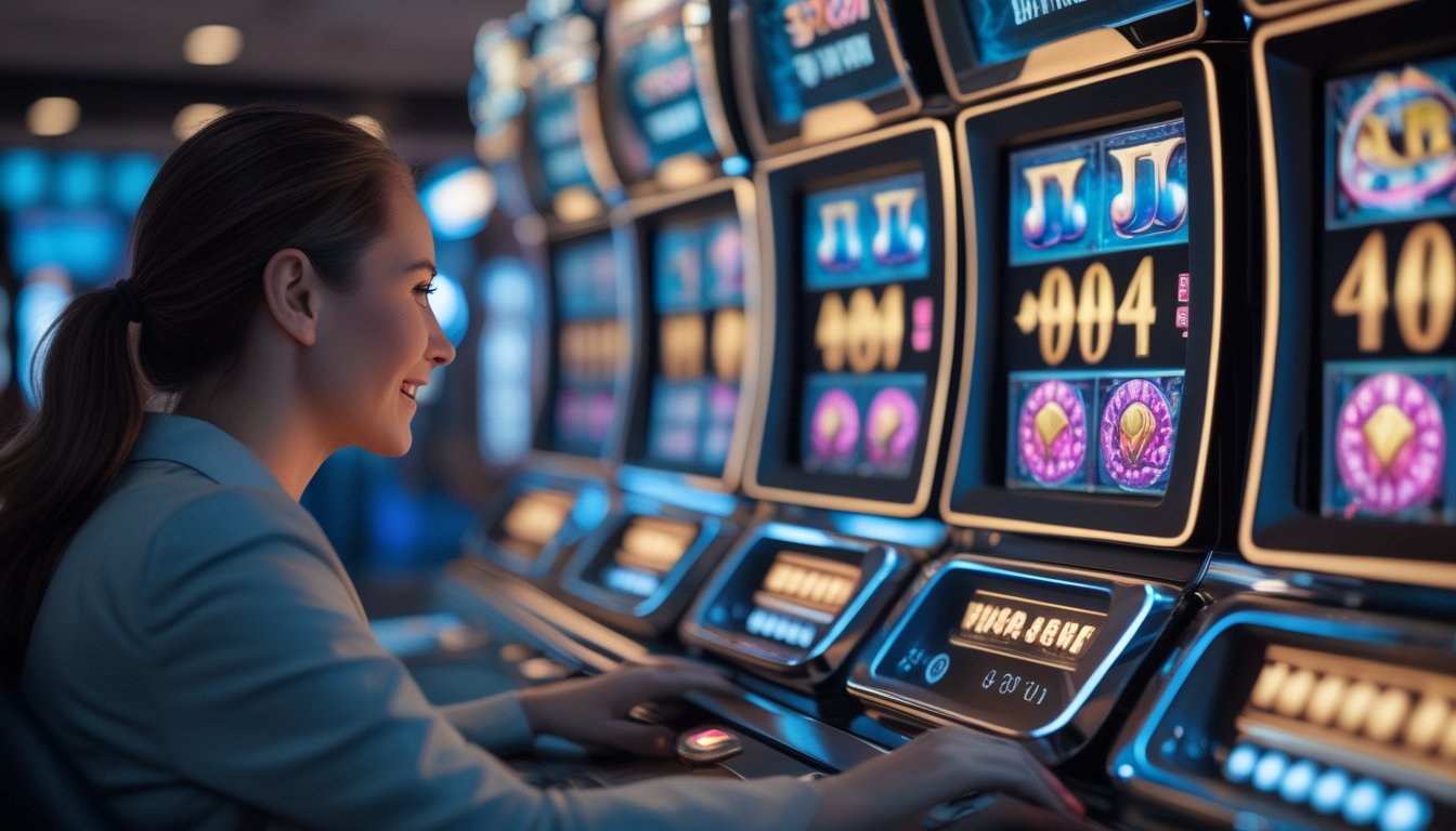 Seorang pemain dewasa menggunakan mesin slot modern dengan beberapa tingkat jackpot progresif di kasino yang bercahaya.