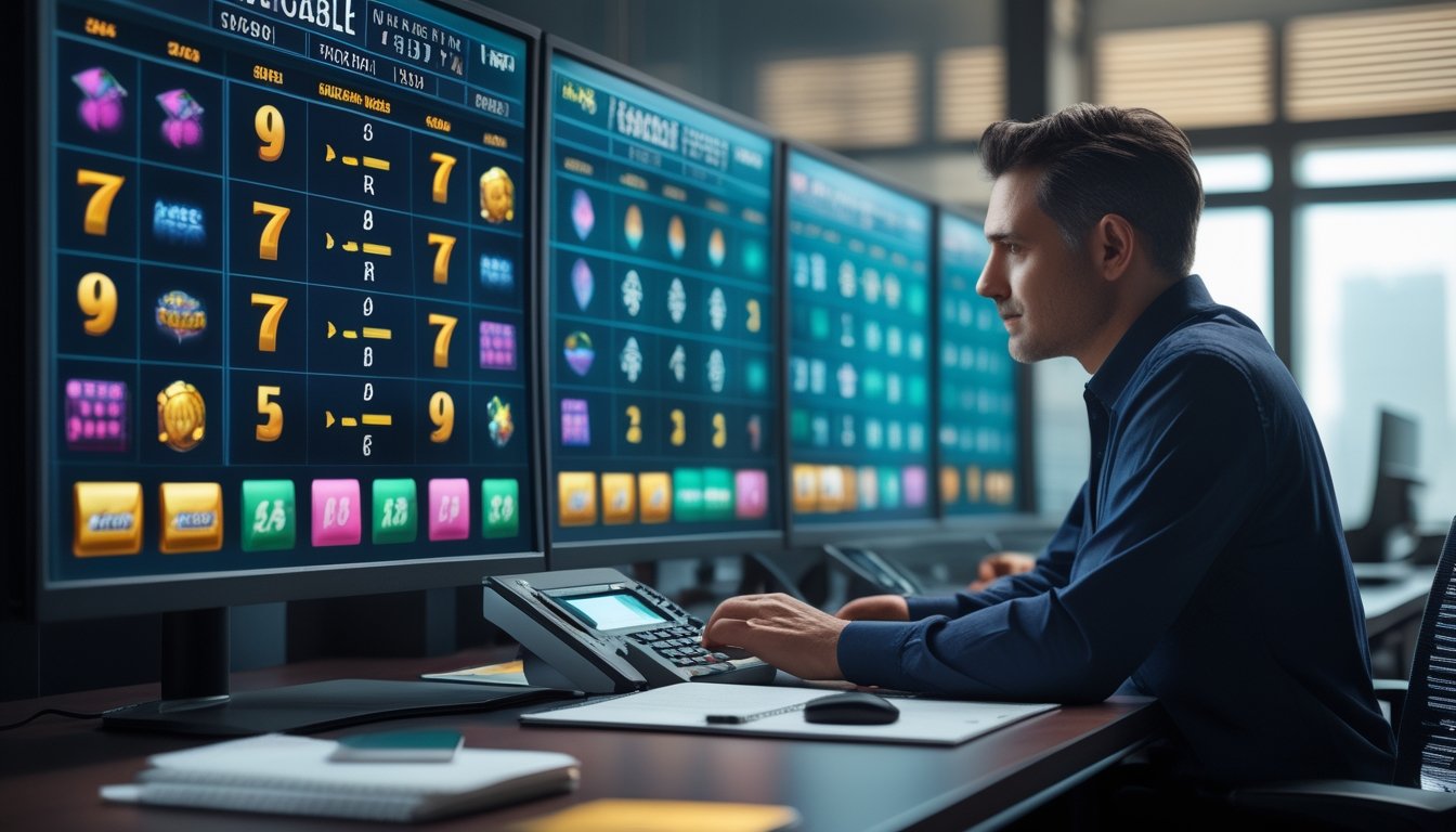 Seorang analis mempelajari tampilan permainan slot dengan banyak garis pembayaran di depan beberapa monitor.