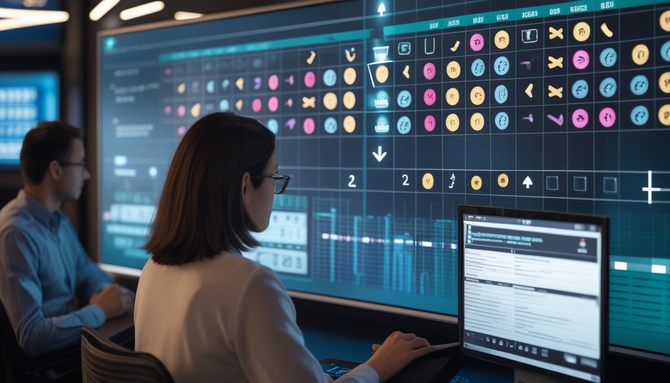 Seorang analis mempelajari pola paylines dan simbol permainan pada layar monitor dalam ruang kerja modern.