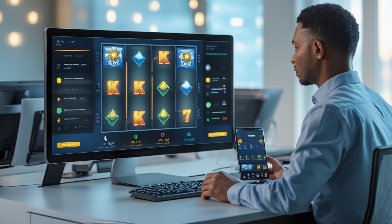 Seorang profesional meninjau platform permainan slot multi-payline melalui komputer, ponsel, dan tablet di meja kerja modern.