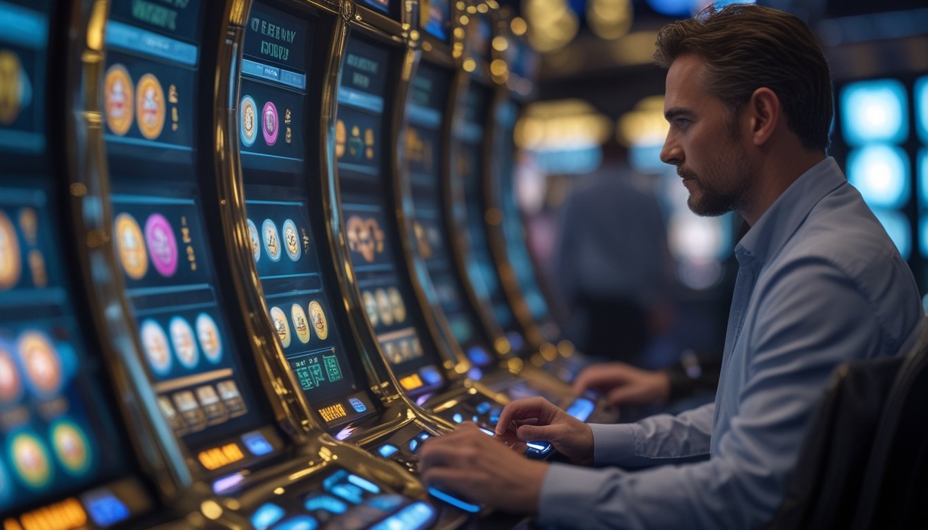 Pemain dewasa sedang mengamati mesin slot dengan beberapa garis pembayaran di lingkungan kasino modern.
