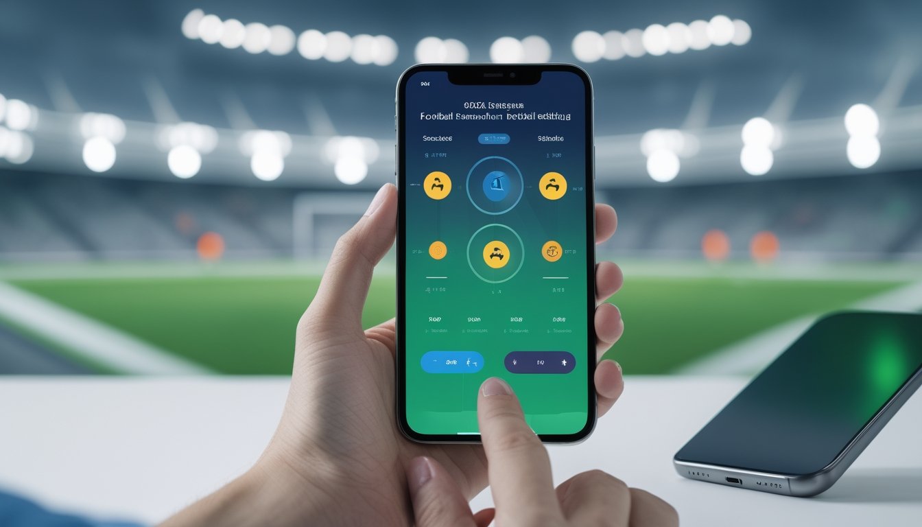 Orang dewasa menggunakan ponsel untuk melihat informasi pertandingan sepak bola di lingkungan stadion.