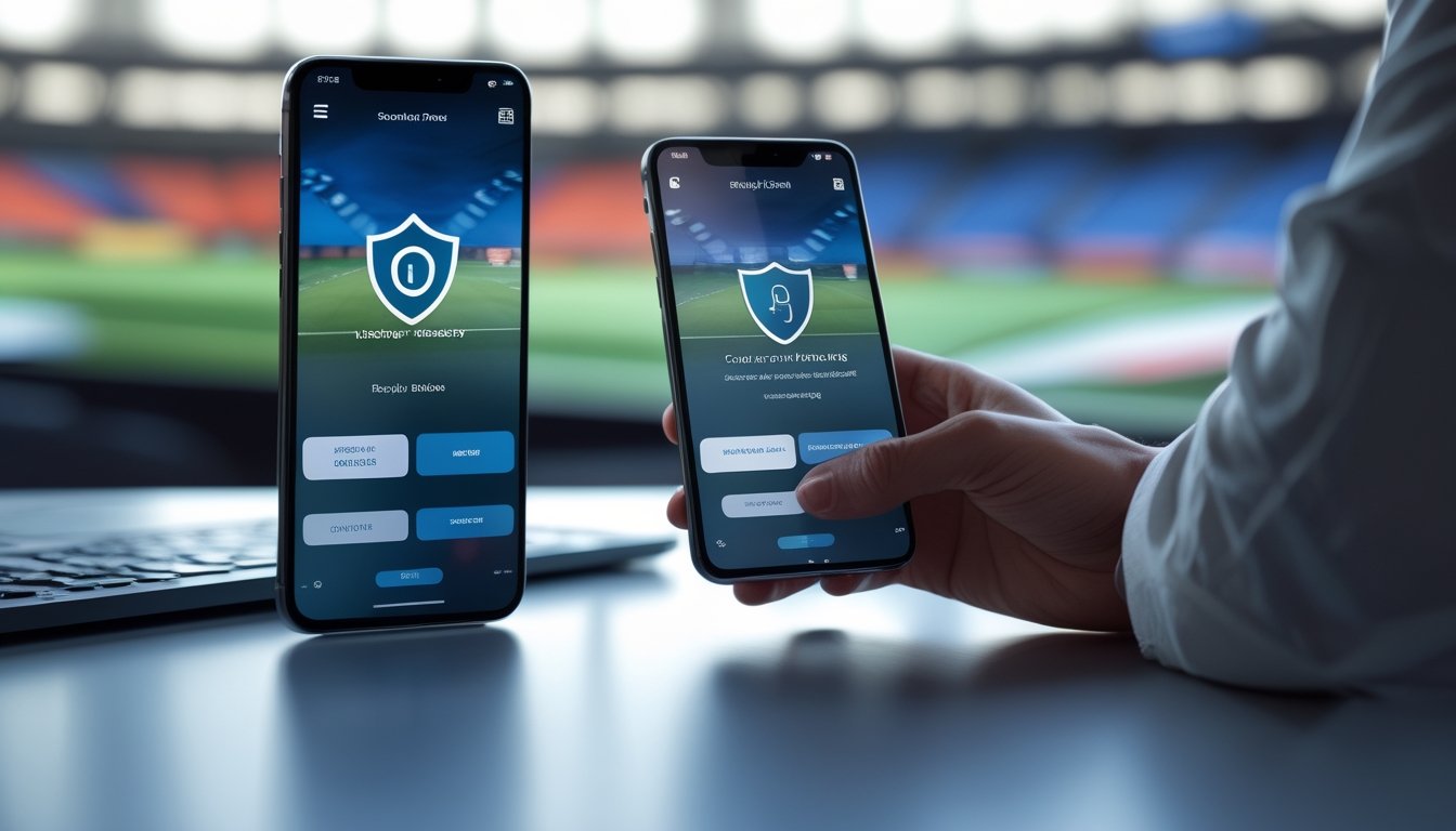 Seseorang memeriksa dua ponsel dengan simbol verifikasi dan keamanan di meja berlatar suasana stadion sepak bola.