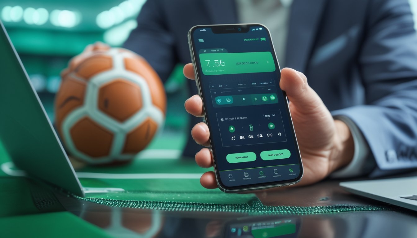 Seseorang menggunakan ponsel dengan tampilan pertandingan sepak bola di samping bola dan elemen pembayaran digital.