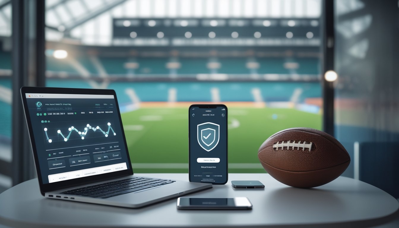 Meja kerja modern dengan laptop, ponsel, simbol keamanan, dan bola sepak dalam suasana stadion.