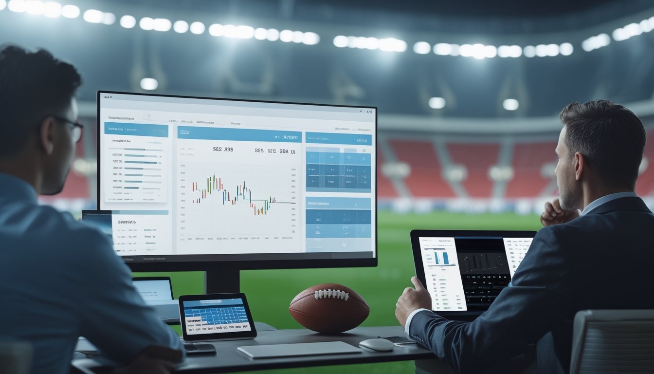 Analis memeriksa data pertandingan sepak bola di ruang kerja modern dengan stadion terlihat di latar belakang.