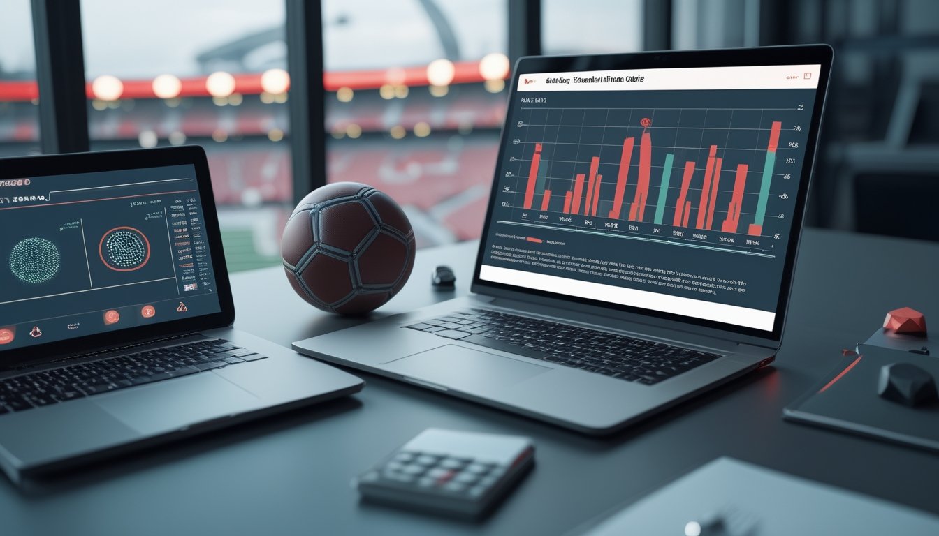 Meja kerja dengan bola sepak, laptop berisi grafik abstrak, kalkulator, dan halaman catatan kosong.