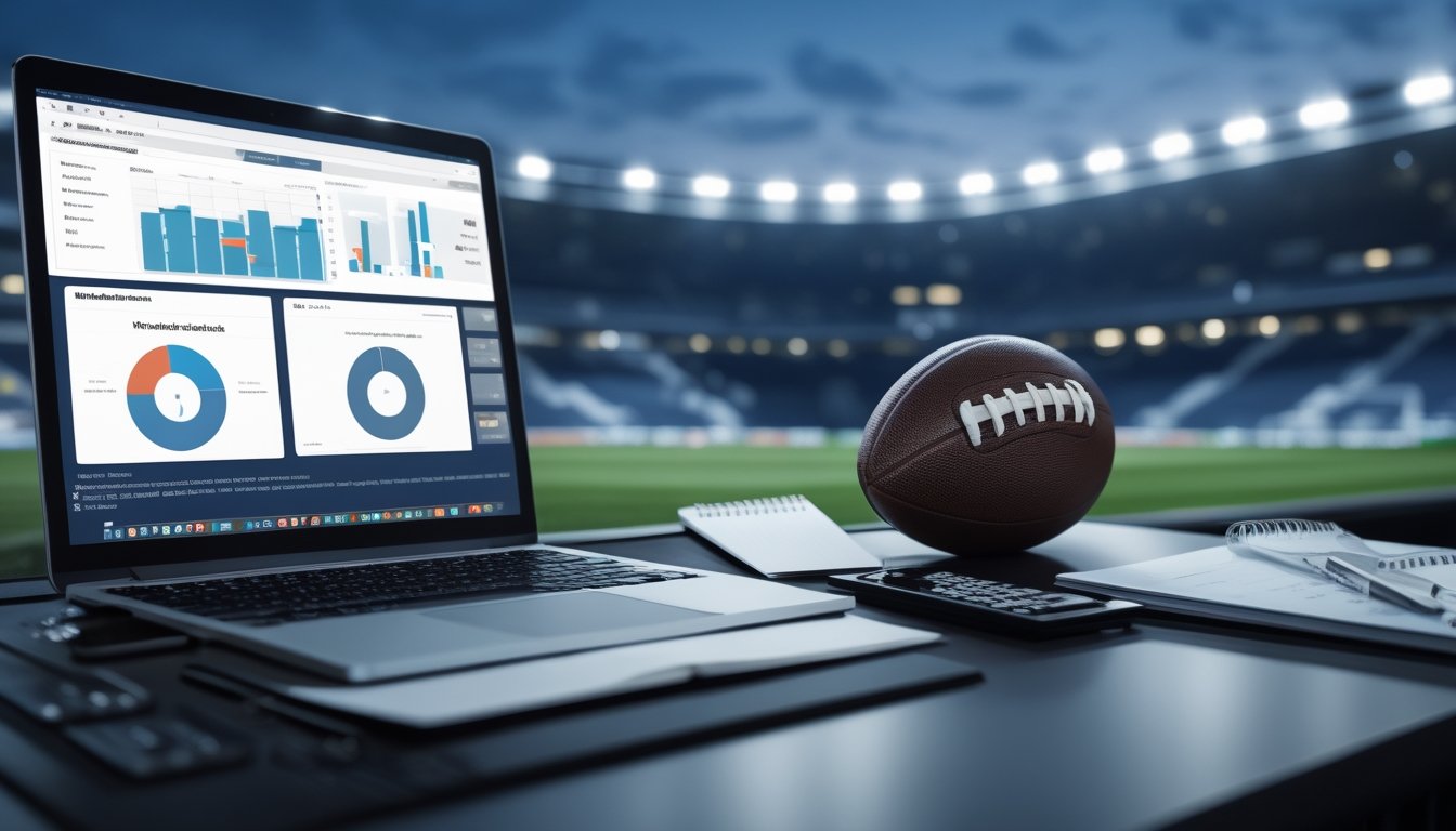 Meja analisis dengan laptop statistik sepak bola, bola, dan stadion malam yang tampak samar di latar belakang.