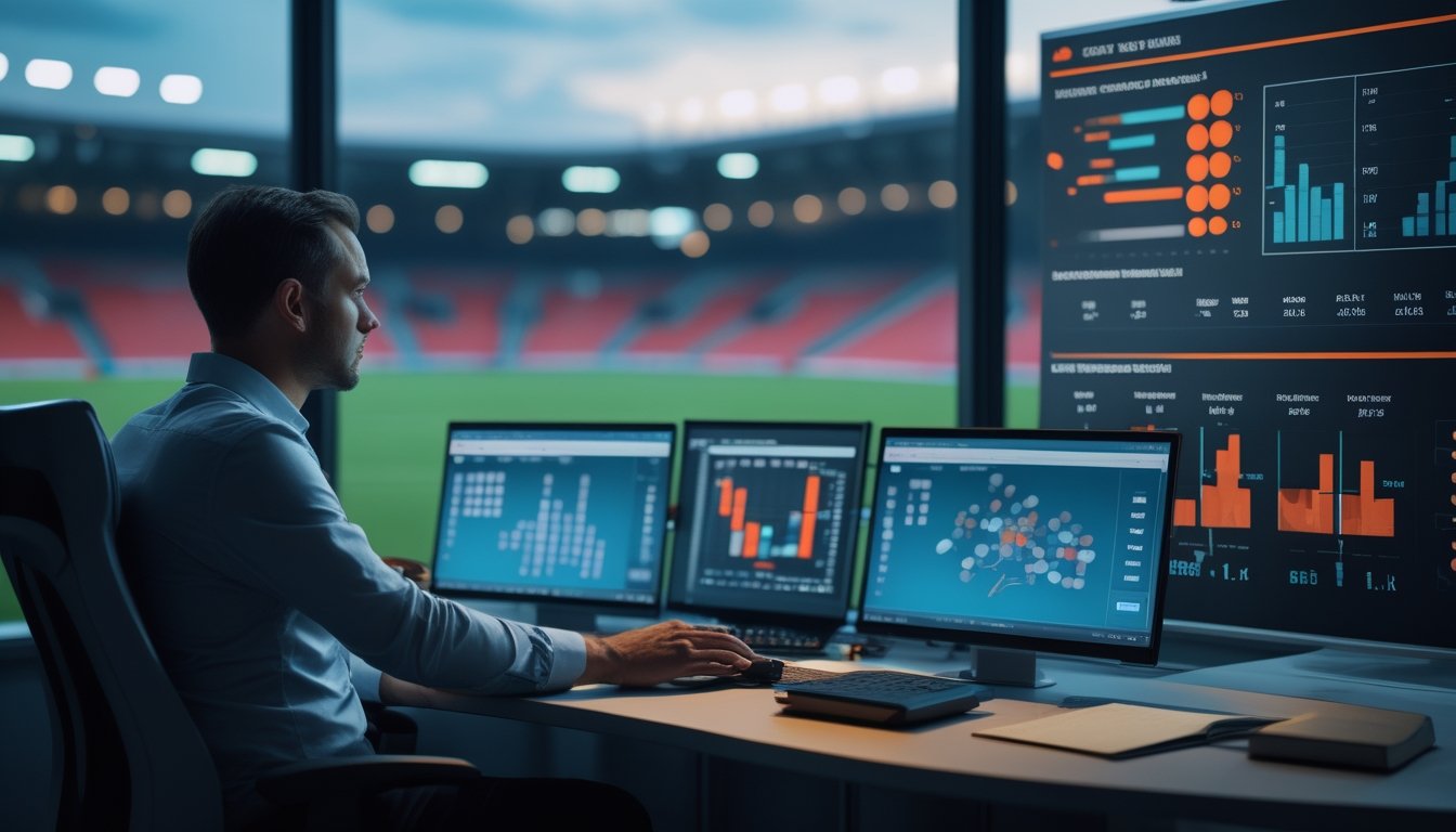 Analis sepak bola memeriksa statistik pertandingan dan strategi tim di ruang kerja pada malam hari.