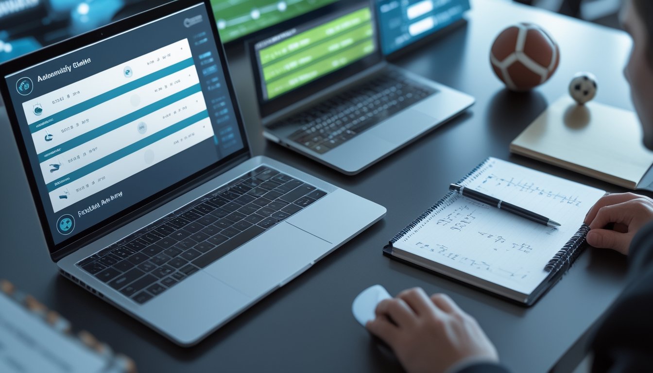 Laptop dan ponsel menampilkan analisis pertandingan sepak bola serta perhitungan peluang kemenangan di meja kerja.