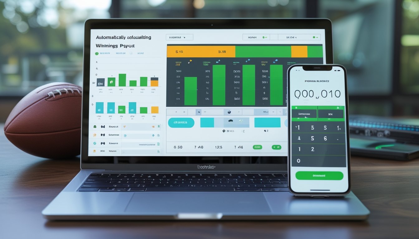 Meja kerja modern dengan laptop dan ponsel yang menampilkan analisis pertandingan sepak bola, kalkulator, serta bola di sampingnya.