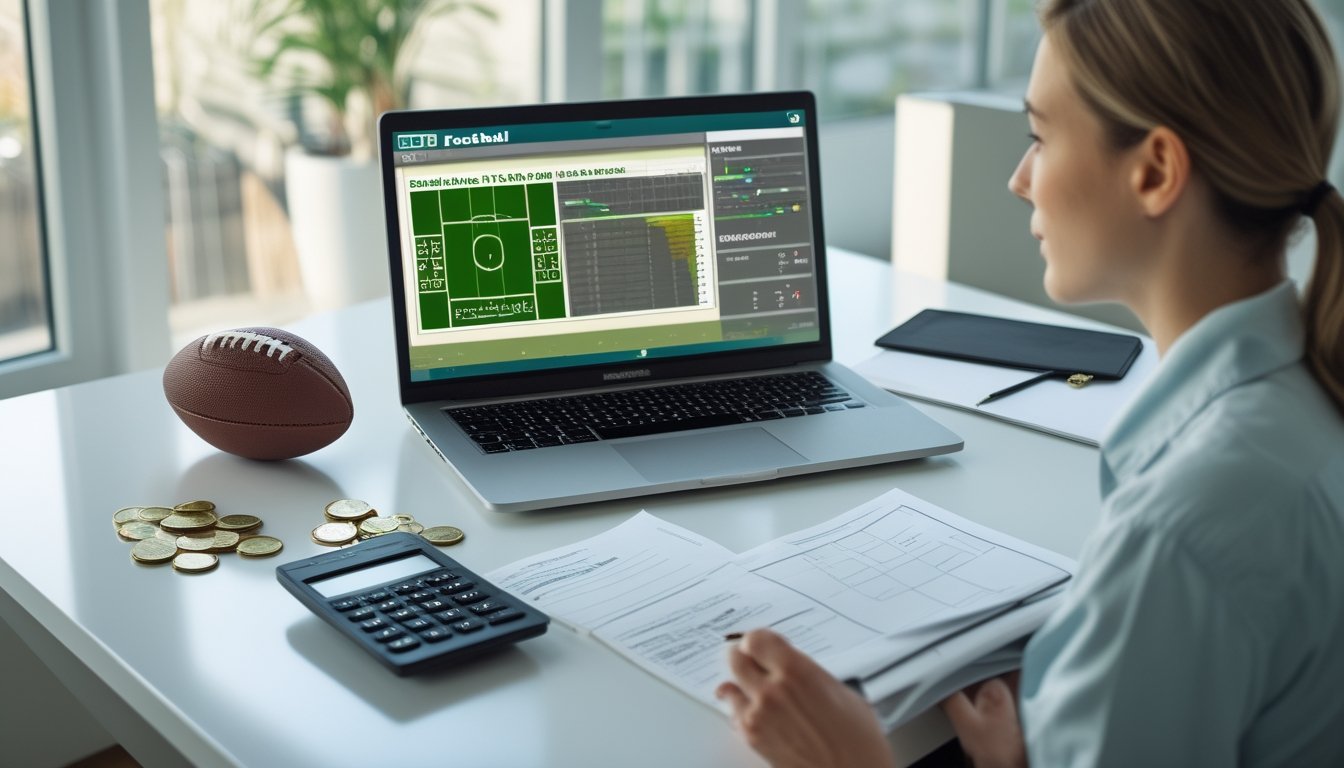 Seorang pemula mempelajari statistik pertandingan sepak bola di meja kerja dengan laptop, kalkulator, bola, dan catatan kosong.