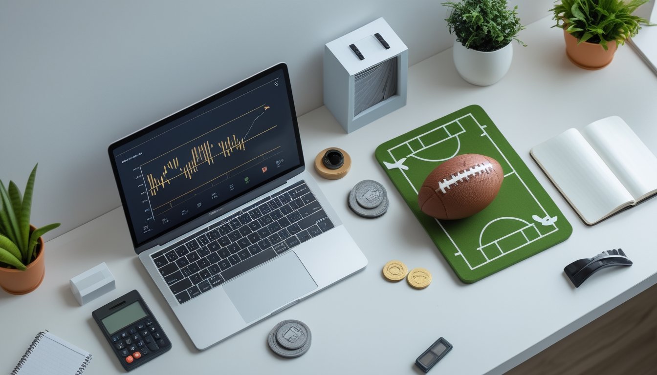 Meja kerja dengan laptop berisi analisis pertandingan sepak bola, bola, papan taktik, buku catatan, dan kalkulator.