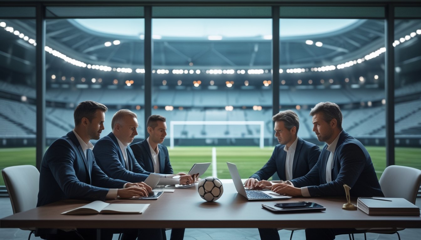 Tim analis dewasa meninjau statistik sepak bola di ruang kerja dengan stadion terlihat melalui jendela.