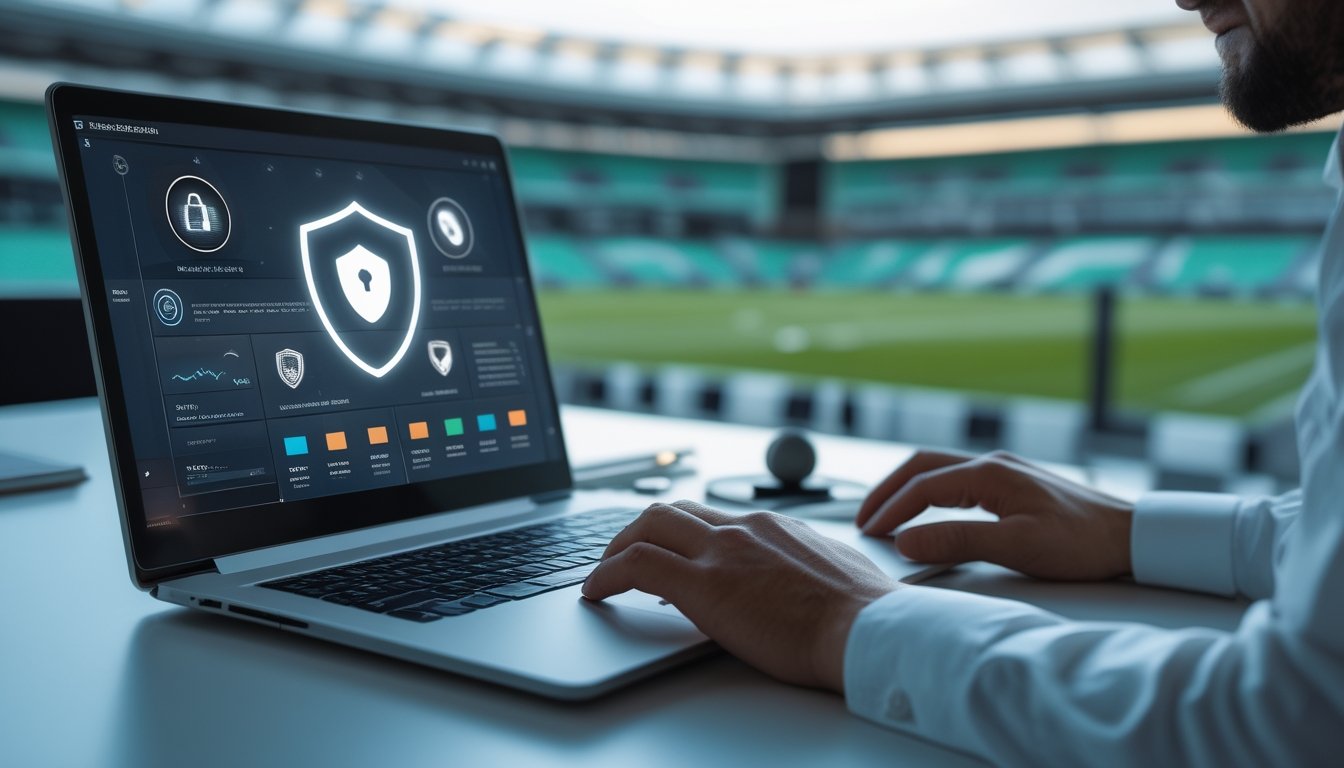 Laptop dengan dashboard analitik sepak bola yang dilindungi simbol perisai, gembok, dan verifikasi di lingkungan kantor modern.