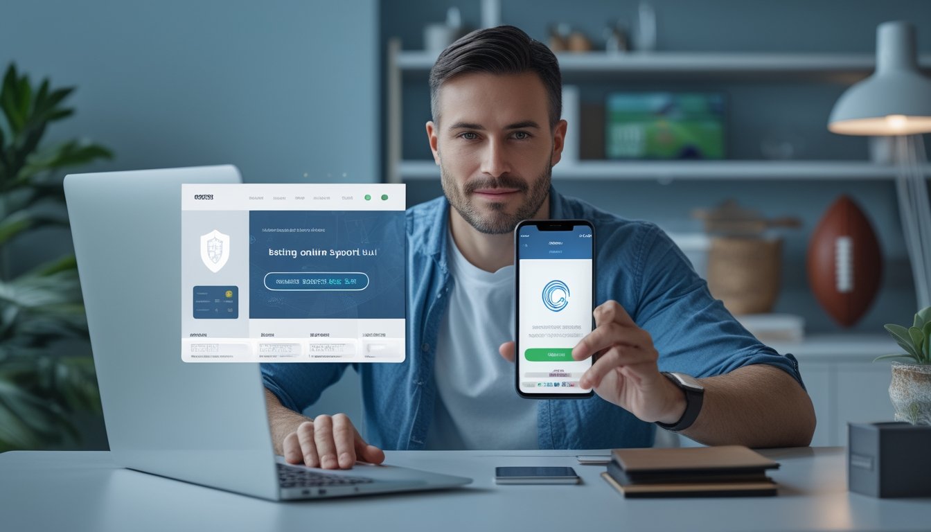 Orang dewasa menggunakan ponsel dan laptop untuk transaksi pembayaran digital yang aman dengan simbol perlindungan dan suasana bertema olahraga.