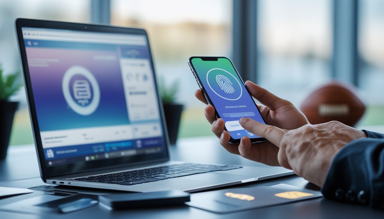 Seseorang mengamankan transaksi digital menggunakan ponsel, kunci keamanan, dan autentikasi sidik jari di meja kerja modern.
