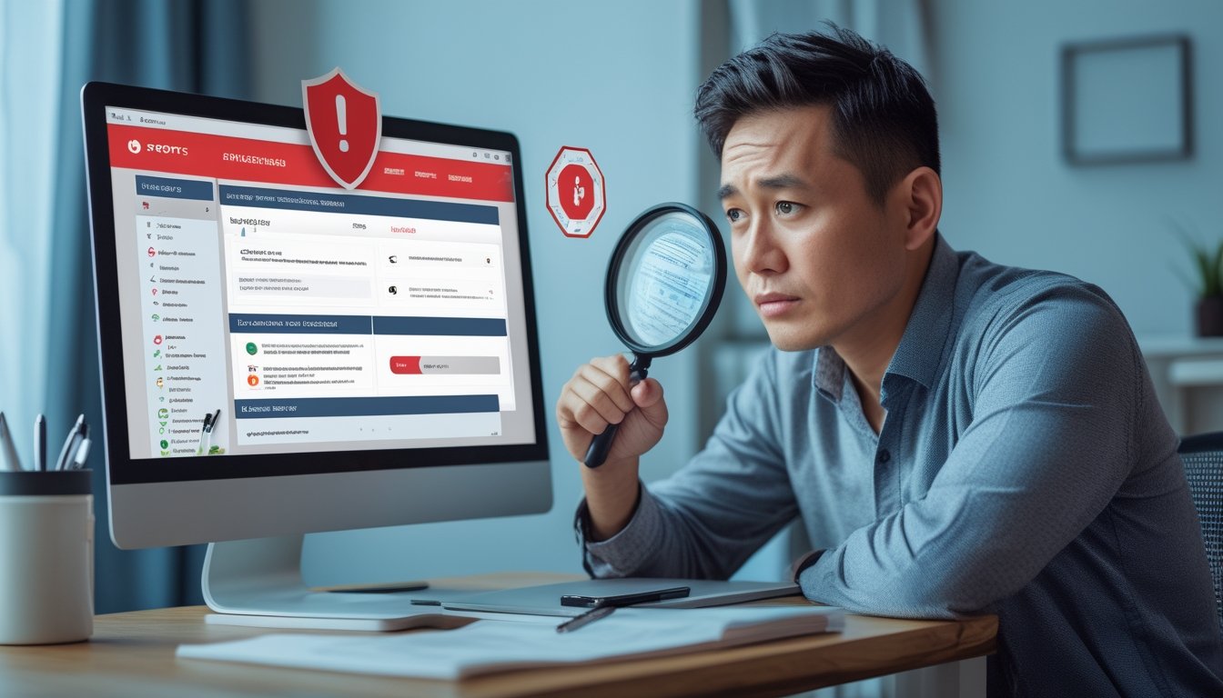 Seseorang memeriksa situs taruhan olahraga mencurigakan di laptop dengan simbol peringatan keamanan.