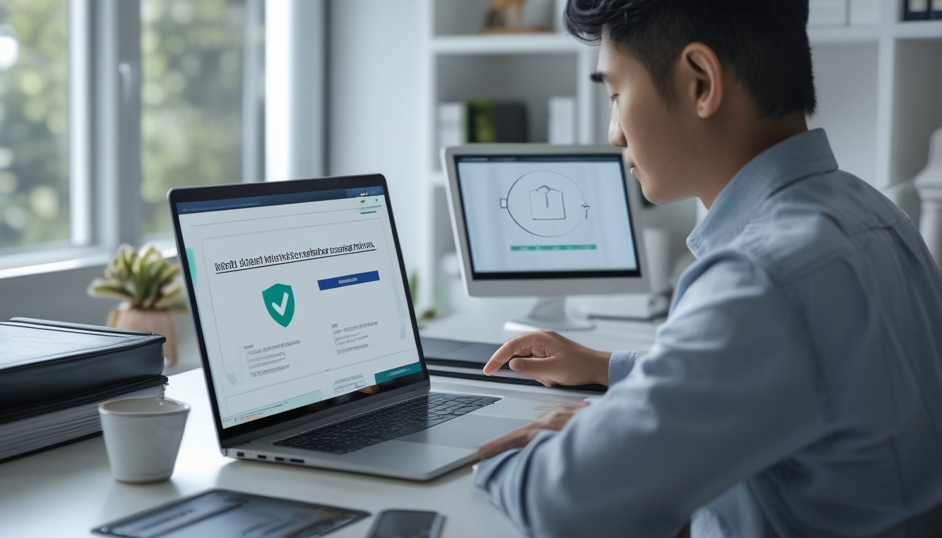 Orang dewasa memverifikasi akun online dengan laptop, dokumen identitas yang disamarkan, dan simbol keamanan di meja kerja.