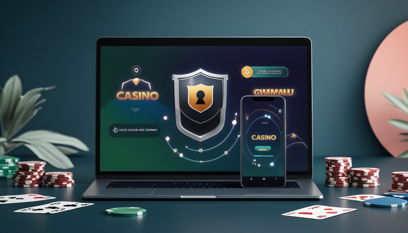 Laptop dan ponsel menampilkan permainan kartu kasino dengan simbol keamanan digital di atas meja modern.