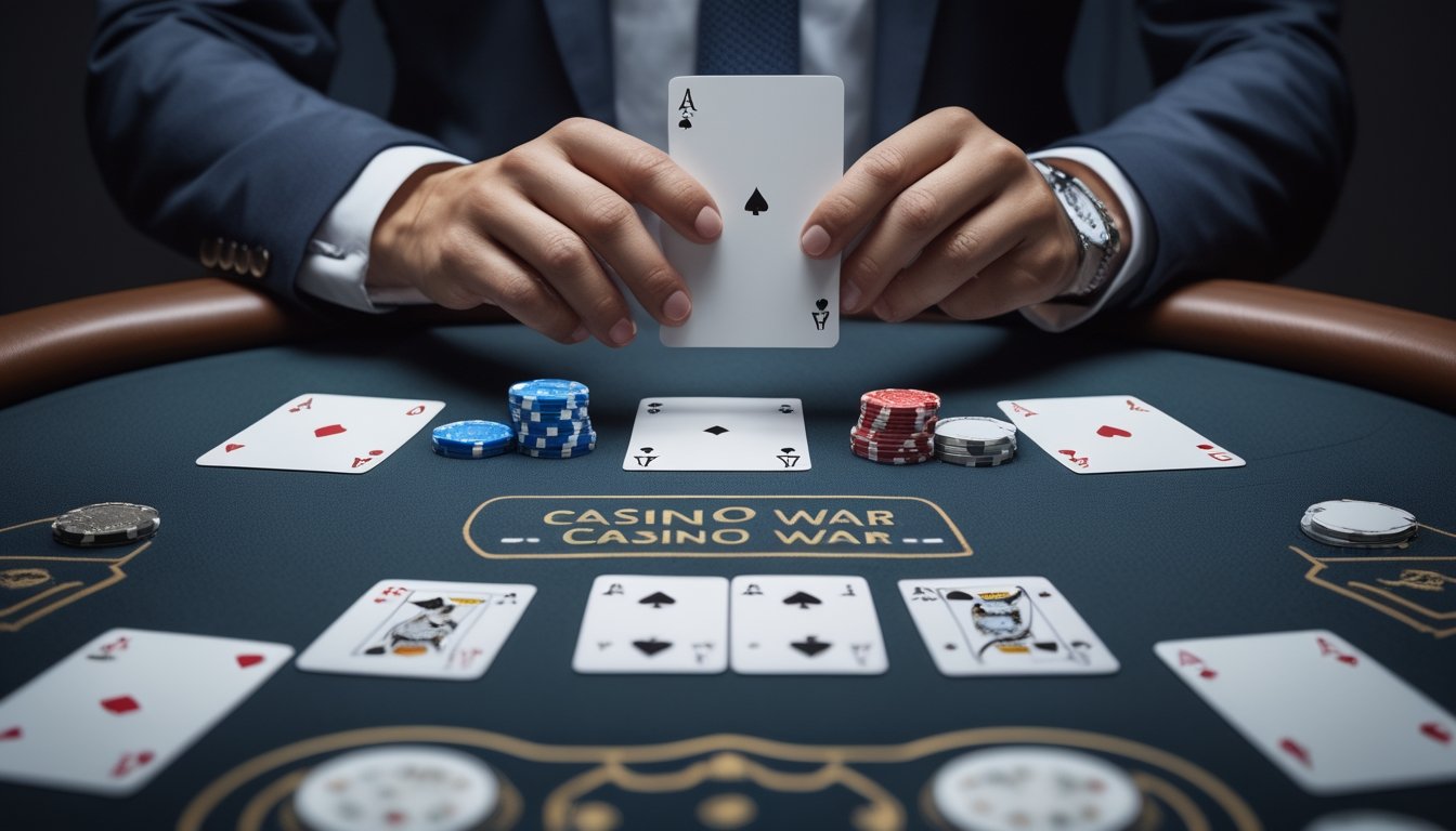 Meja Casino War dengan kartu, keping taruhan, dan ponsel yang menampilkan antarmuka permainan abstrak.