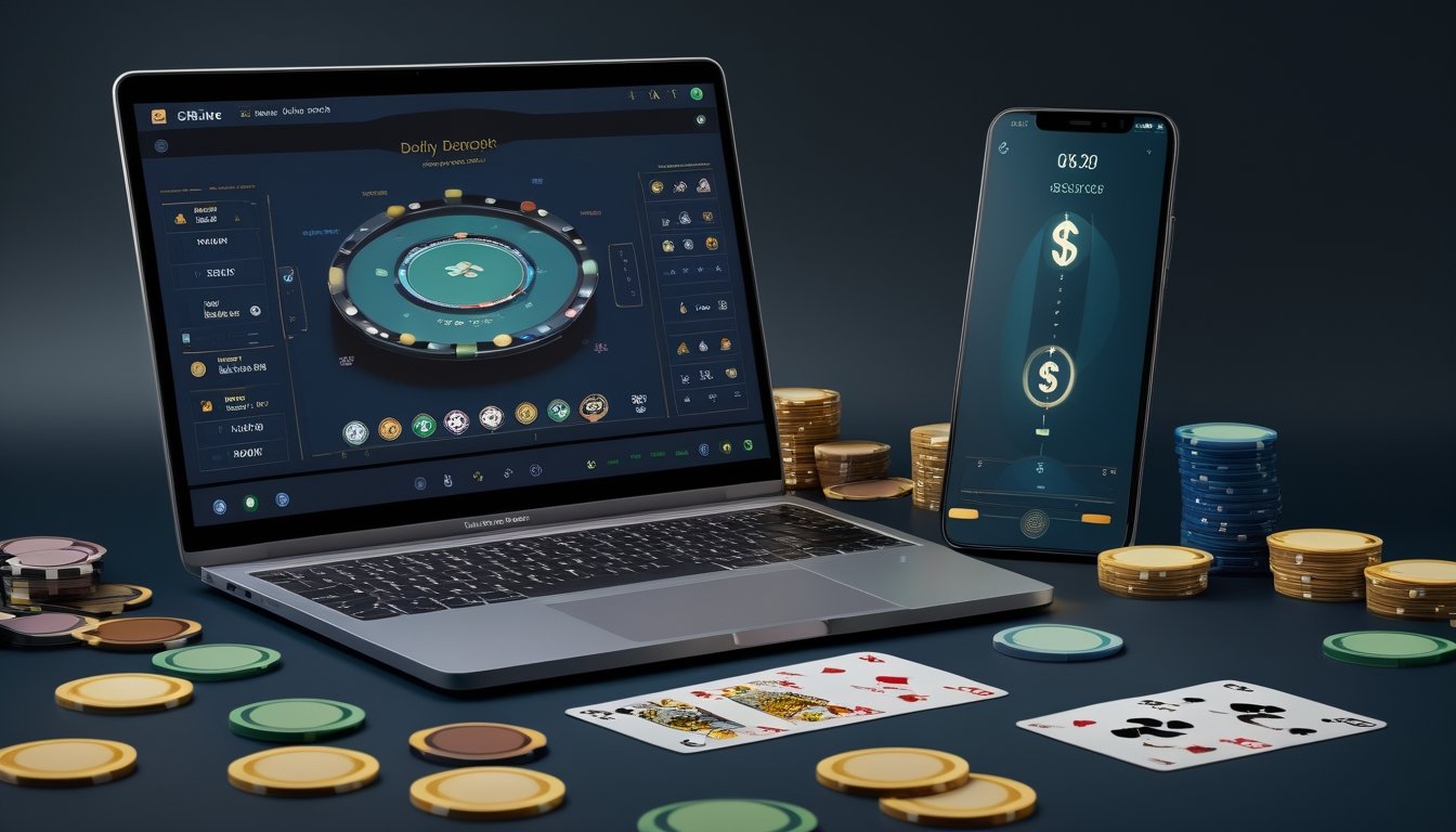 Laptop dan ponsel menampilkan suasana permainan poker digital dengan chip, kartu, dan simbol hadiah di atas meja.