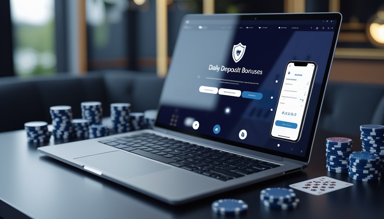 Laptop dengan tampilan platform poker umum, chip poker, kartu remi, ponsel, dan simbol keamanan di meja kerja modern.