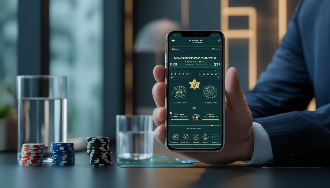 Seseorang menggunakan ponsel yang menampilkan antarmuka perbandingan platform taruhan kasino, dengan kartu dan keping poker di atas meja.