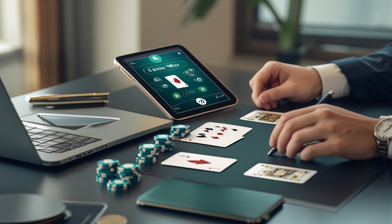 Seseorang membandingkan platform permainan Casino War melalui ponsel, tablet, dan laptop di atas meja kerja.