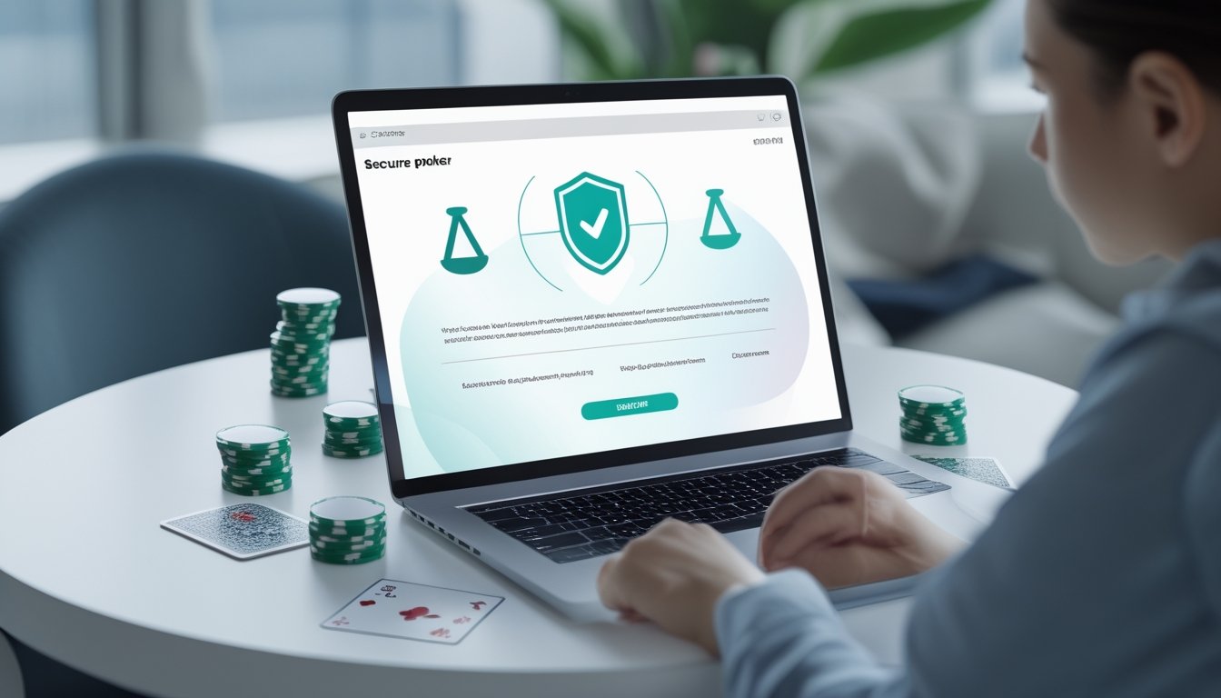 Meja poker modern dengan kartu, chip, perangkat digital, dan simbol keamanan yang menggambarkan permainan yang adil.