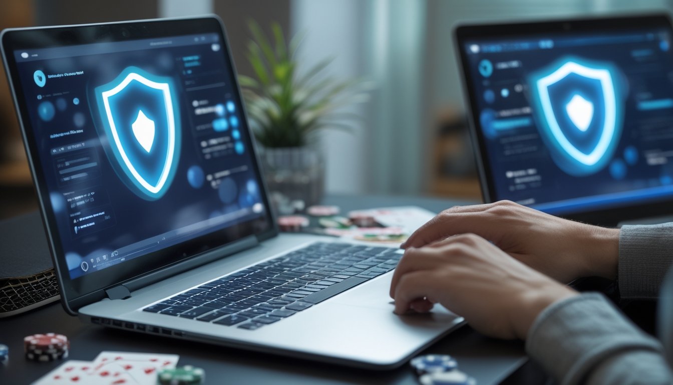 Laptop dengan antarmuka poker generik, kartu dan keping poker, serta simbol keamanan yang menggambarkan permainan yang adil.