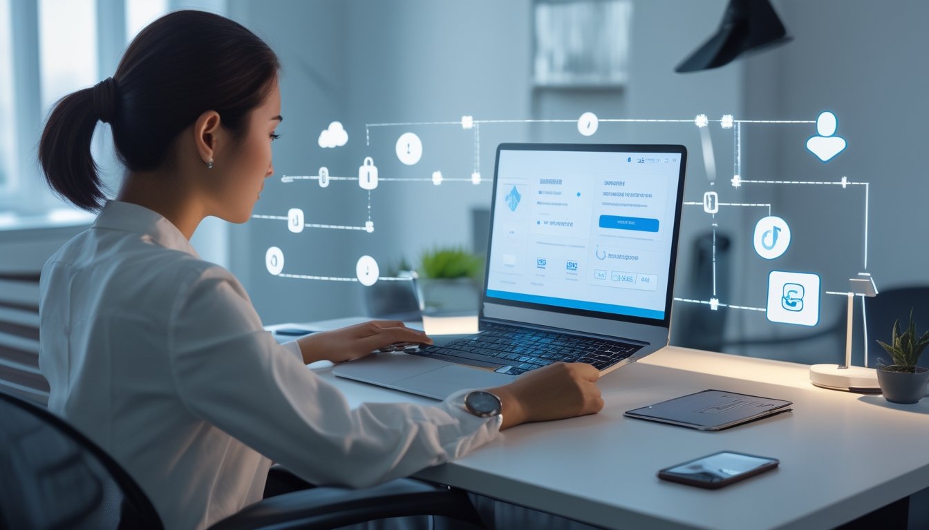 Seorang pengguna memeriksa proses pembayaran digital yang aman di laptop dan ponsel dengan simbol perisai serta gembok di meja kerja.