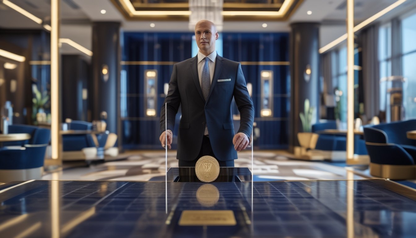 Seorang tamu berpakaian formal disambut petugas di lounge VIP kasino yang elegan.